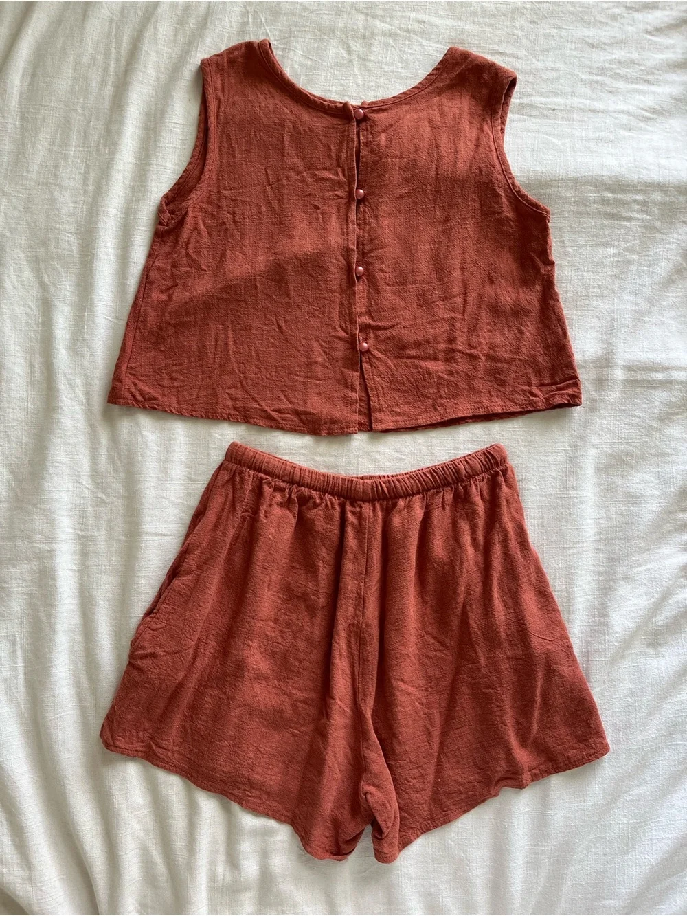Matching Linen-Blend Two-Piece Tank Shorts Set in Rosy Clay